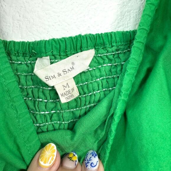Sim & Sam Green Puff Sleeve Cotton Mini Dress M Cottagecore Boho Feminine - Picture 2 of 5